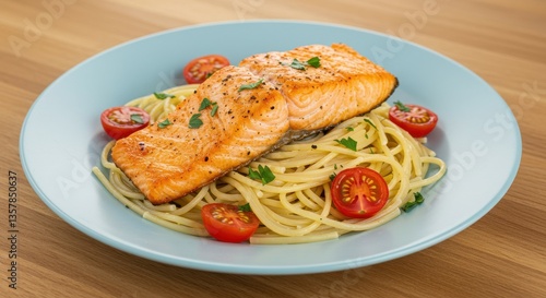 A plate with salmon fillet on spaghetti and cherry tomatoes on a wooden surface top view close up