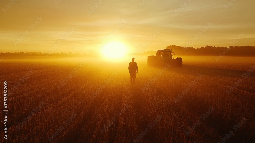 Fototapeta premium Silhouette of a farmer in a golden field during sunrise, surrounded by soft light and a sense of tranquility and hope Generative AI