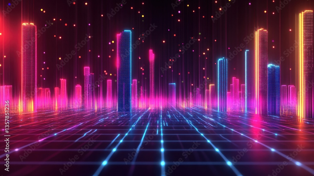 Neon Cityscape: A futuristic digital metropolis glowing with vibrant colors and intricate grid patterns. Neon Cityscape: A futuristic digital metropolis glowing with vibrant colors and intricate grid patterns.