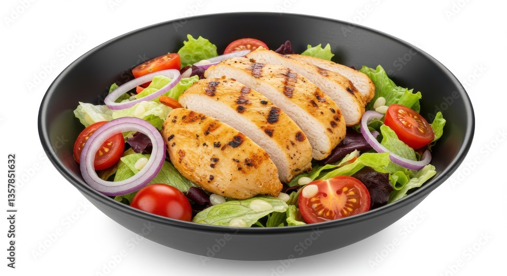A black bowl filled with a chicken salad with lettuce tomatoes and red onion rings on a white background A black bowl filled with a chicken salad with lettuce tomatoes and red onion rings on a white background