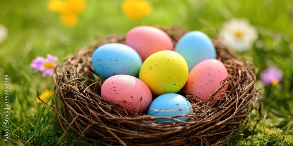 Obraz premium A close-up view of a nest containing eggs, nestled in a grassy field, showcasing the intricate details of nature's design and the fragility of life.