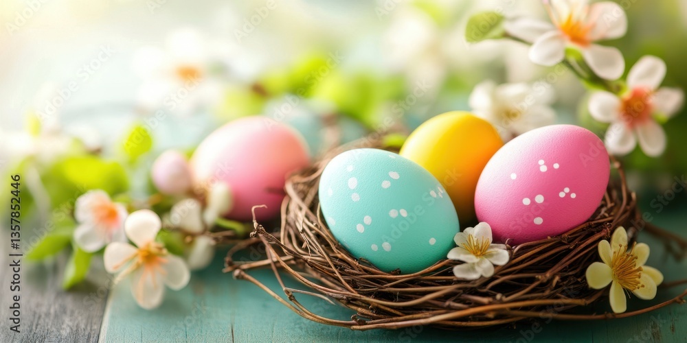 A nest containing four eggs is surrounded by colorful flowers, elegantly arranged on a table, creating a serene and natural atmosphere. A nest containing four eggs is surrounded by colorful flowers, elegantly arranged on a table, creating a serene and natural atmosphere.