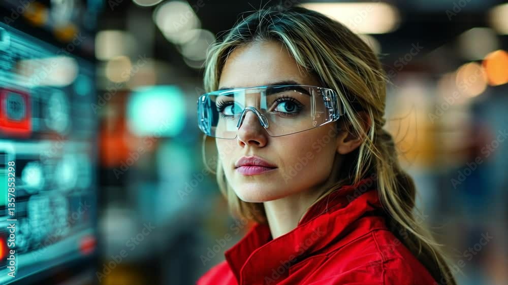 Female Engineer in a futuristic factory setting Female Engineer in a futuristic factory setting