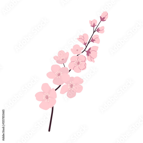Cut out cherry blossom with flower heads, buds. Spring season. Grainy texture. Design element for logos, print and other.