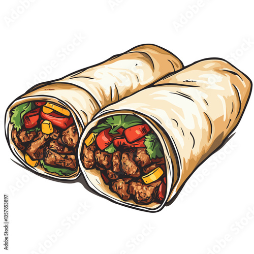 Cheesy Beef Burrito Illustration with Red Peppers