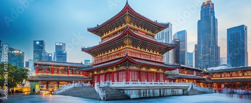 Traditional Chinese Temple with Modern Skyscrapers in the Background