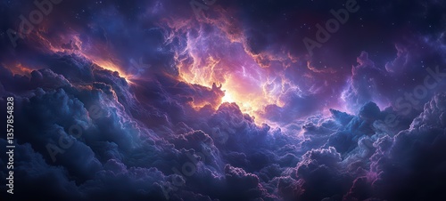 A celestial sky with light breaking through storm clouds, divine inspiration crisp edges