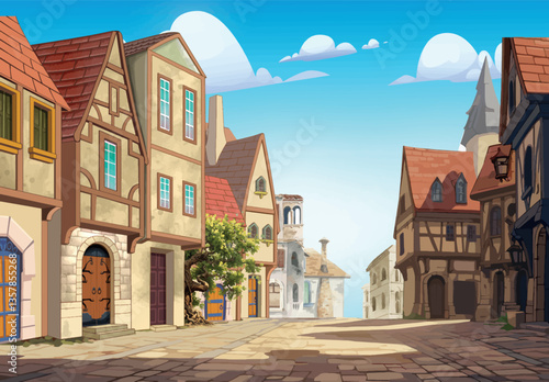 A street in old Europe showing European buildings