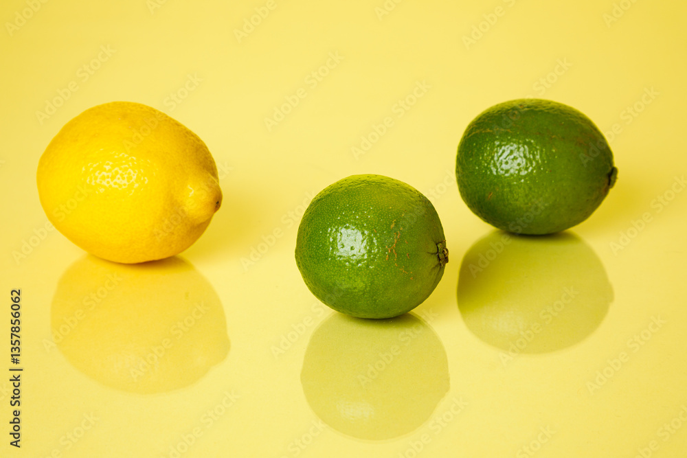 Lemon and limes against yellow background.