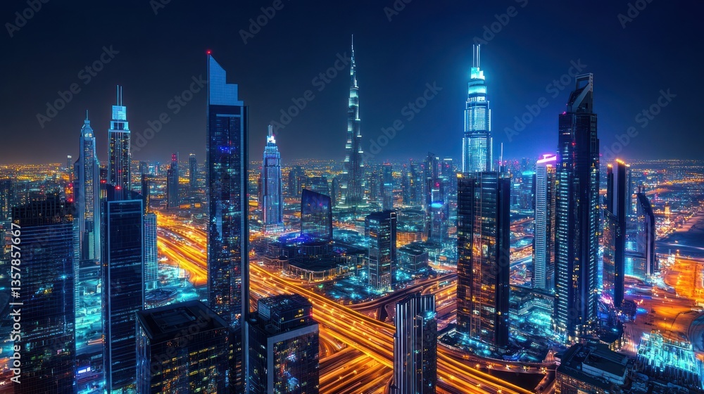 Obraz premium Nighttime View of Illuminated Skyscrapers in Dubai
