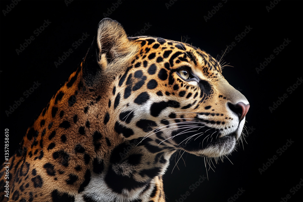 Obraz premium Leopard close-up portrait on black background, wild cat, exotic animal, fierce predator, wildlife photography