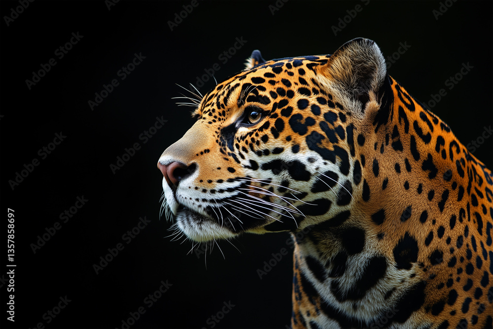 Obraz premium Leopard close-up portrait on black background, wild cat, exotic animal, fierce predator, wildlife photography
