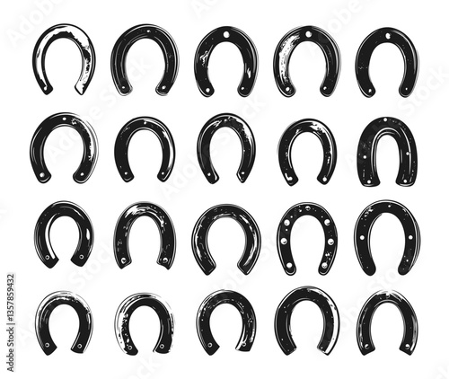 Black grunge style horseshoes. Brush drawing horseshoe silhouettes. Decorative farm elements for horses, isolated lucky symbols vector set