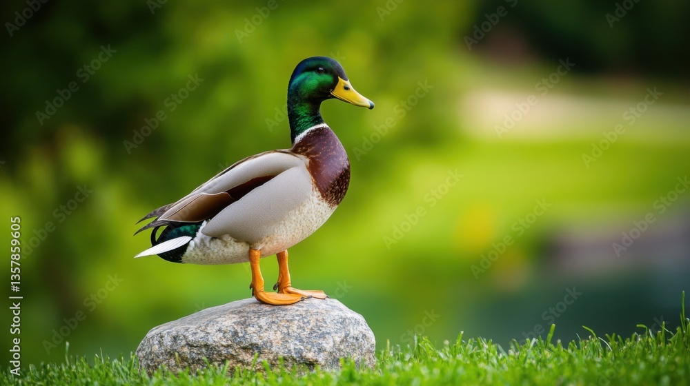 Obraz premium Mallard, stone, green grass. Generative AI