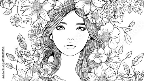 Girl in flowers coloring page template. Antistress coloring book for adults with beautiful woman. Adorable female character, floral design, vector element