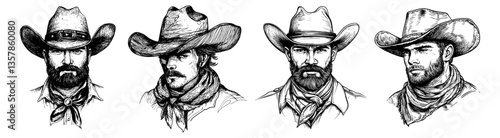 Male cowboy portraits. Sketch cowboys in hats, isolated hand drawn men faces with beards. Wild west strong guys characters, vector set