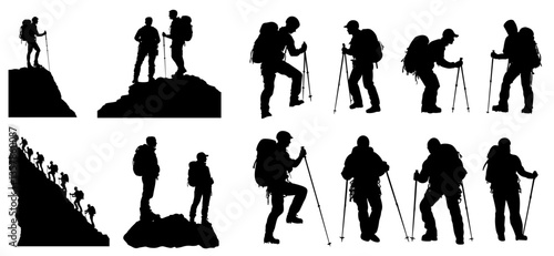 Mountain climbers black silhouettes. Hiking characters with backpack and walking poles. Men silhouette on rock, group of people climb up, vector set