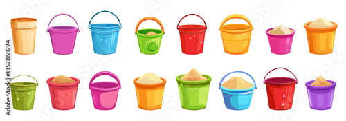 Plastic buckets. Cartoon bright bucket for children play with sand. Toddler toys, isolated colorful icons. Garden tools, household vector elements
