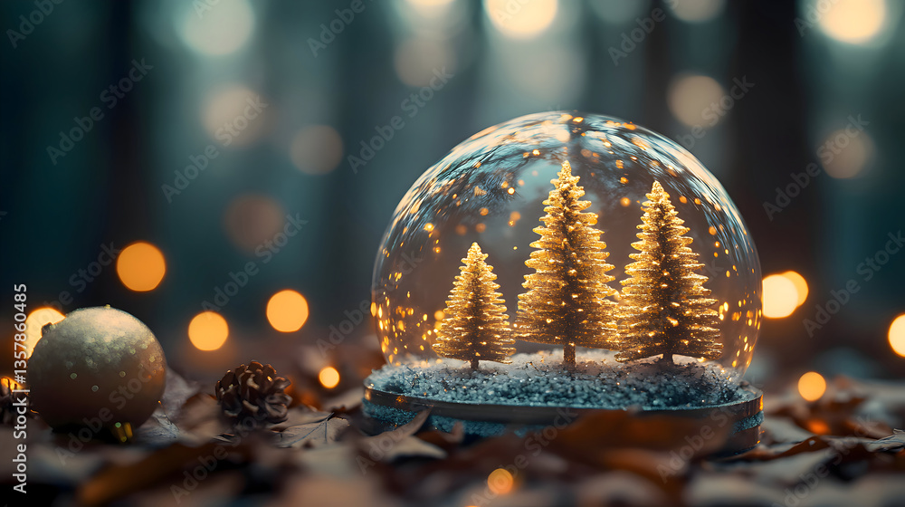 Fototapeta premium Snow globe miniature golden Christmas trees twinkling
