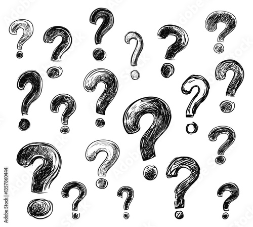 Sketch question marks. Isolated question signs doodle drawing. Scribble elements. Symbols of surprise, misunderstanding, distrust, question vector set