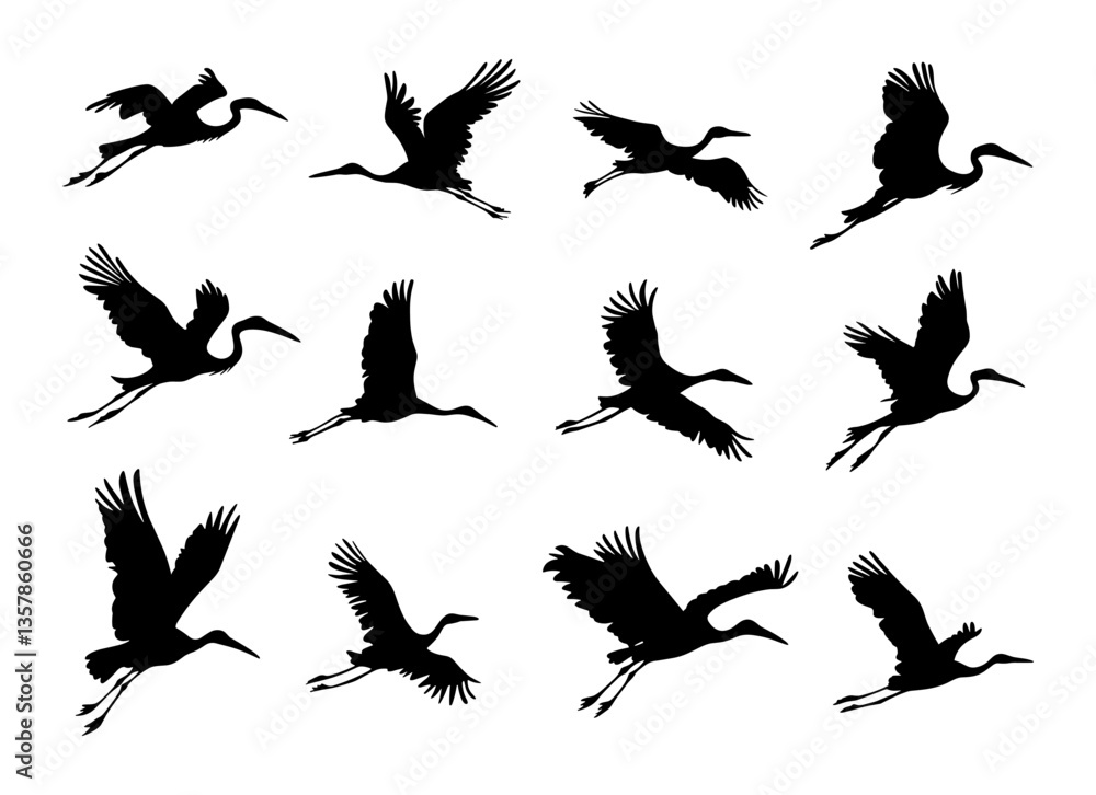 Obraz premium Storks flying different silhouettes. Isolated stork fly in sky, big bird with wings. Pregnancy and newborn symbols, decorative wild nature vector elements