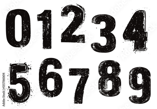Stamp style grunge numbers. Black number stamps, paint brush drawing design. Isolated decorative prints typography numeral stickers vector set