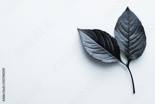 黒い葉が白い背景に配置されている静かなアート作品のような視覚的表現