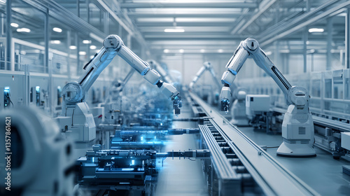 Futuristic factory with AI-controlled robots managing a fully automated production line for high-precision components.