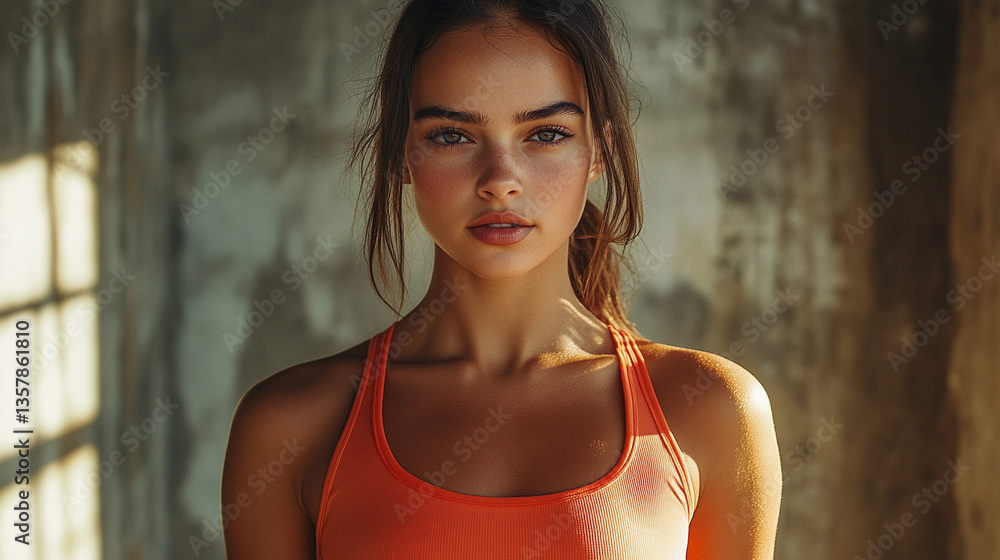 Naklejka premium Young woman posing in bright workout attire in studio