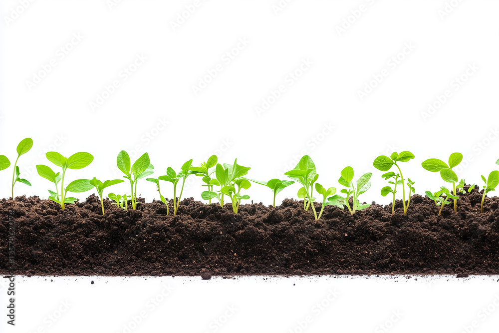 Naklejka premium New Life Sprouting from Earth – Young Green Plant in Rich Soil on White Background