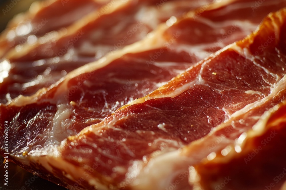 Obraz premium A detailed close-up of a slice of Jamn Iberico highlights the marbling and color variations in this premium cured meat, perfect for gourmet dishes Generative AI