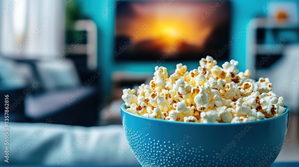 A bowl of popcorn in front of a television perfect for movie night or relaxation A bowl of popcorn in front of a television perfect for movie night or relaxation