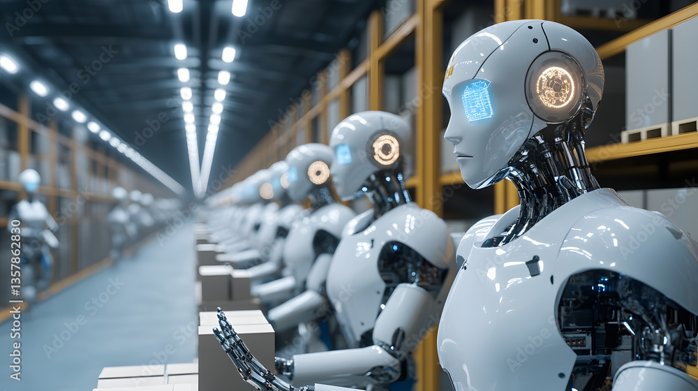 Fototapeta premium Futuristic robots operating a fully automated warehouse, managing inventory and processing orders efficiently with AI support.