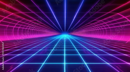 Wallpaper Mural Futuristic neon tunnel with glowing grid lines, vanishing perspective, and immersive cyberpunk atmosphere, bright electric blue and hot pink lighting creating depth and motion. Torontodigital.ca