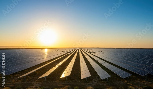 Vast solar panel field at sunset, harnessing renewable energy source,