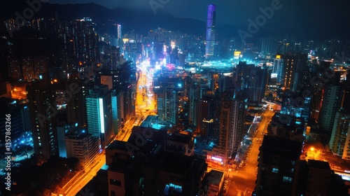 Wallpaper Mural Nighttime Aerial View of a Densely Populated City with Illuminated Skyscrapers Torontodigital.ca