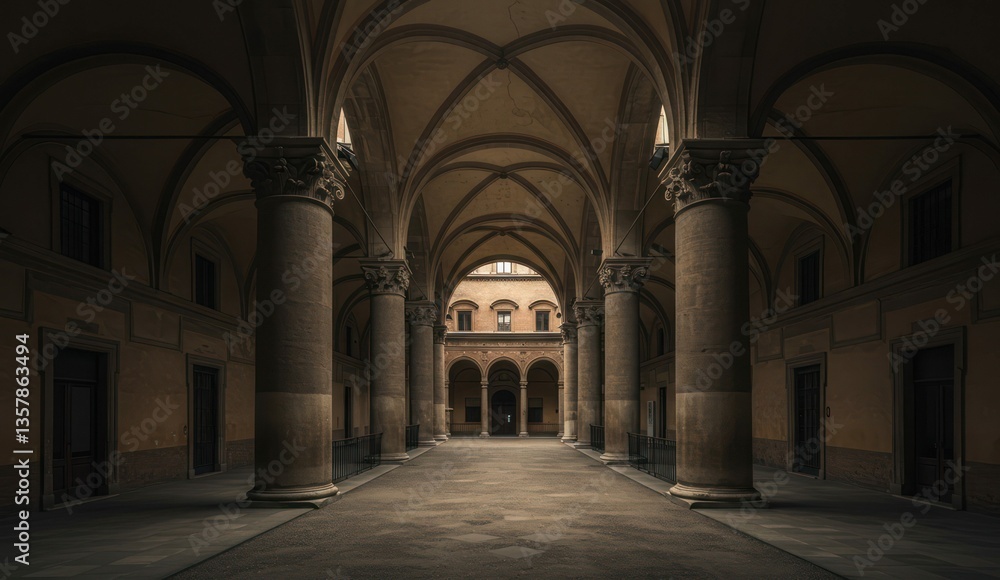 Fototapeta premium Architectural photo of courtyard with columns and arches,