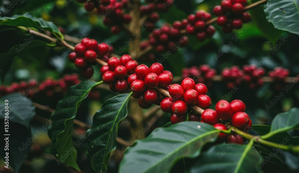 Obraz premium Coffee cherries ripen on the branch, lush greenery in the background,
