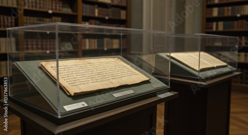 Antique manuscript in display case at the library,