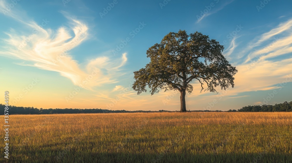 Obraz premium Oak in field, end of summer. Generative AI