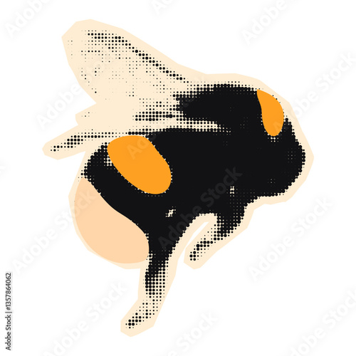 Bumblebee halftone collage element. Bee sticker with vintage dotted texture and doodles. Modern retro vector illustration for summer mixed media design, scrapbook