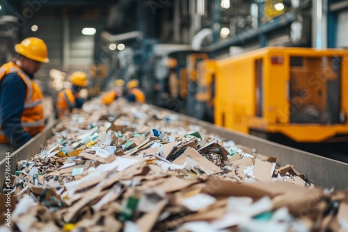 Workers are focused on carefully sorting materials at a recycling facility, ensuring efficient processing of cardboard and other recyclables by the conveyor Generative AI