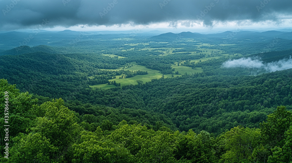 Fototapeta premium Vast green valley under cloudy skies in late afternoon