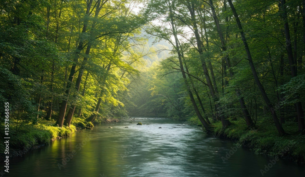 Obraz premium A serene river flowing through a dense, lush forest,