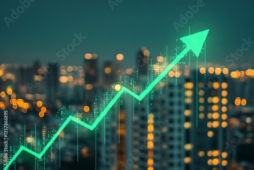 A glowing green arrow rises above a city skyline at night, symbolizing growth and progress, with blurred lights illuminating the urban landscape Generative AI