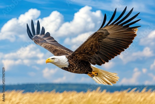 Majestic Bald Eagle Soaring Above Golden Fields
