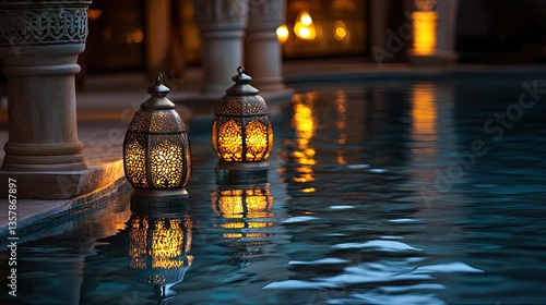 Obraz na płótnie Crystal-clear reflections of crescent-shaped lanterns in a still ablution pool w salonie