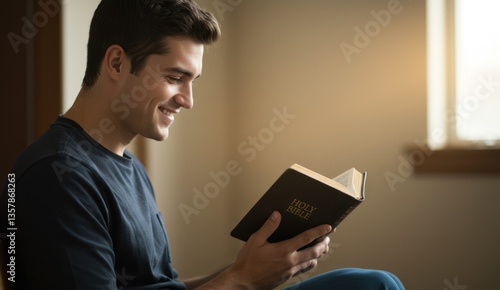 A man smiles while reading a Holy Bible in a softly lit room,