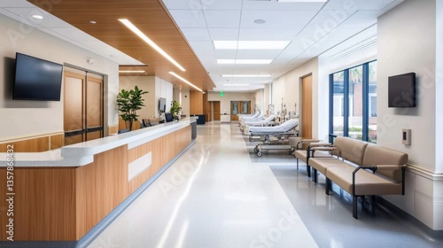 A minimalist hospital design with a focus on clean lines, functional spaces, and natural materials