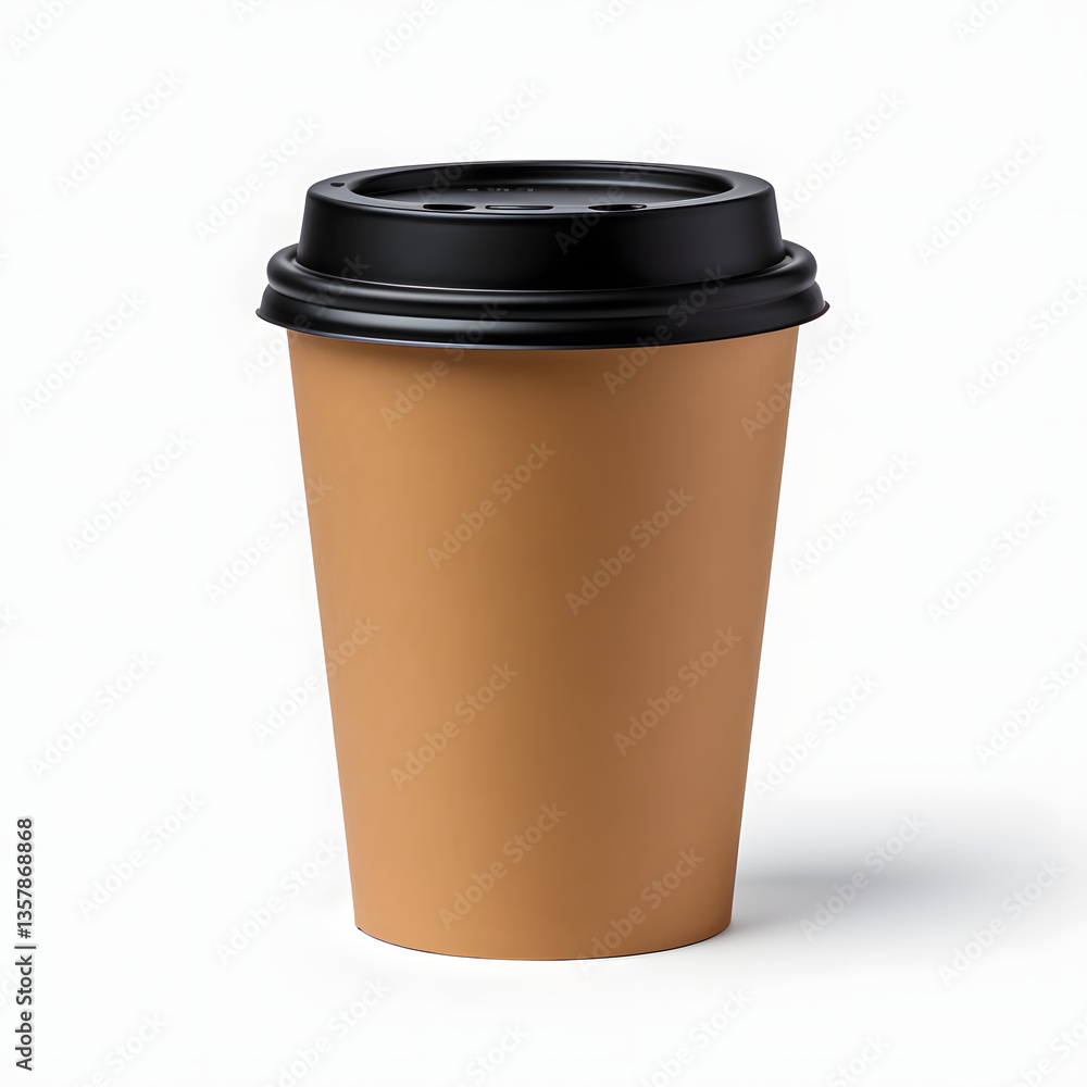 Minimalist disposable coffee cup with a black lid on a white background. Minimalist disposable coffee cup with a black lid on a white background.